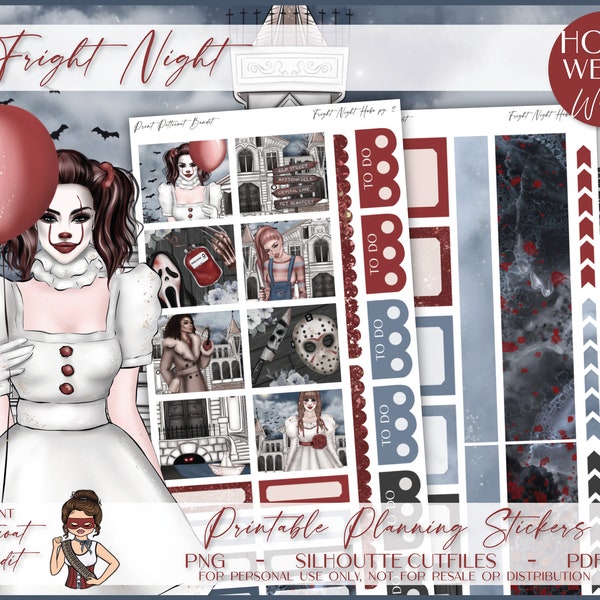 Printable Hobonichi Weeks Weekly Planner Kit - Fright Night | Foil Ready | Silhouette Cut Files | Cricut png | Hobo Weeks Sticker Kit