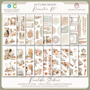 Puede incluir: Un kit decorativo de pegatinas imprimibles con temática otoñal. Las pegatinas presentan ilustraciones en acuarela de elementos de otoño, incluyendo arreglos florales, marcos y acentos decorativos en tonos cálidos y terrosos. El texto "Autumn Mood" se muestra en la parte superior.
