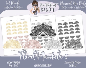 May include: A digital download of five floral mandala designs in black and white, gold, rose gold, and silver. The designs are perfect for crafting projects like stickers, cards, and scrapbooking. The download includes Cricut ready PNG files and handcutter PDF files.