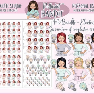 Ms. Bandits elektriciteit afdrukbare personagestickers | Digitale afdrukbare plannerstickers | Silhouet gesneden bestanden | PNG | PDF | xexclusief