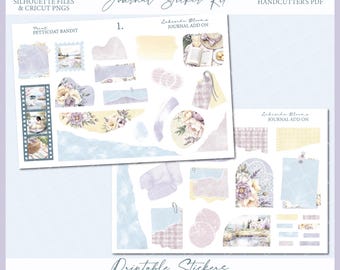 May include: Printable sticker set with a lakeside theme. The stickers feature floral designs, watercolor washes, and torn paper textures in shades of blue, purple, and yellow. The set includes a variety of shapes and sizes, including circles, squares, rectangles, and irregular shapes. The text "Lakeside Blooms Journal Sticker Kit" is visible at the top of the image.