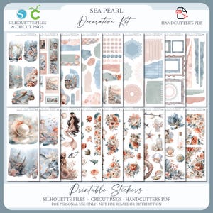 May include: A decorative kit with a sea pearl theme, featuring printable stickers. The design includes images of mermaids, seashells, flowers, and frames in soft pastel colors. The text on the image reads "SEA PEARL Decorative Kit" and "Printable Stickers".