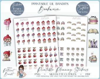 Lil' Bandit - Bookworm | Printable Character Stickers | Planner Stickers | Silhouette Cut Files | Cricut PNGs | PDF