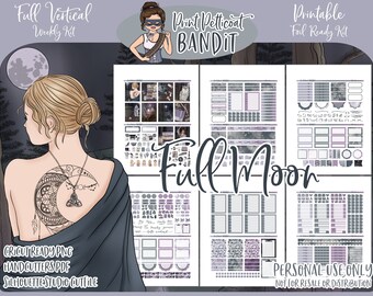 Printable Vertical Weekly Planner Kit - Full Moon | FOIL READY | Silhouette Cut Files | Cricut png | Erin Condren Planner Stickers