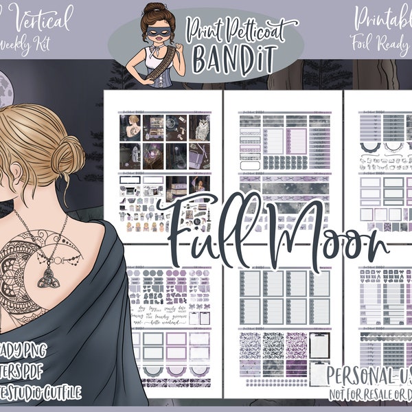 Printable Vertical Weekly Planner Kit - Full Moon | FOIL READY | Silhouette Cut Files | Cricut png | Erin Condren Planner Stickers