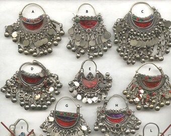Kuchi tribe earrings, nomadic Koochi tribal hoops, Afghanistan Afghan Afghani Pakistan Pakistani, body piercing jewelry, nose ring, red blue