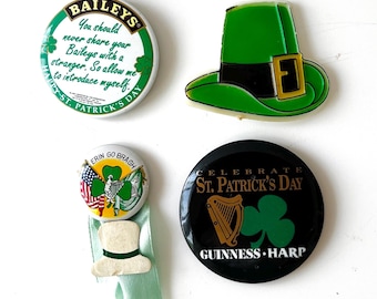Vintage St. Patrick’s Day Button Bundle – Guinness, Baileys, Erin Go Bragh, Leprechaun Hat, Irish Pride Pins