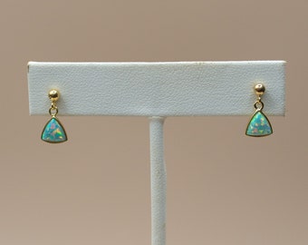 opal triangle studs, tiny stud earrings, minimalist, waterproof jewelry, sweat proof jewelry