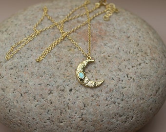 opal and moon pendant, dainty necklace, minimalist style, handmade in Hawaii