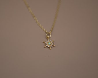 Sunburst crystal and opal pendant, dainty and minimalist