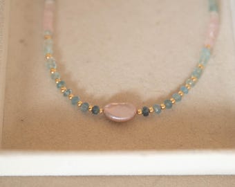 Aquamarine morganite and pink keshi pearl necklace