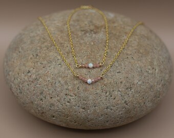 Pink rhodochrosite and opal dainty necklace, matching set, healing crystal, baby shower gift, it’s a girl, dainty jewelry