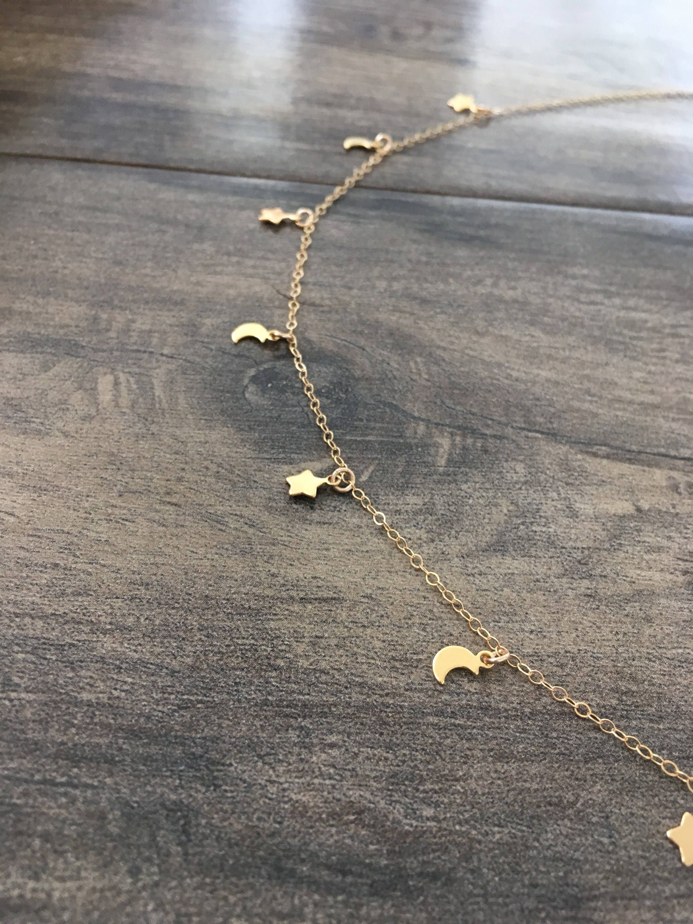 Dainty, Star and crecent moon, gold charm necklace, luna, celestial, …