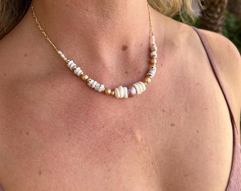 mermaid queen puka shell and pearl necklace