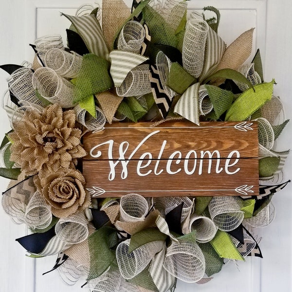 Beautiful Welcome Wreath, Everyday Wreath, Spring Wreath, Front Door Wreath, DecoMesh Wreath, Burlap Wreath, Green Wreath, Farm House Wreath