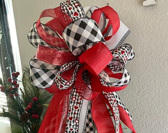 Buffalo Plaid Christmas Tree Topper - Red Black Burlap Bow - 13" Rustic Farmhouse Holiday Decor - Handmade