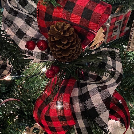 Christmas Picks for Tree, Christmas Tree Decorations, Mesh&ribbon Picks ,  Buffalo Plaid Decor 