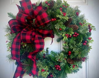 Evergreen Christmas Wreath. Buffalo Plaid Evergreen Wreath. Rustic Christmas Wreath.Berries and Pinecones Christmas Wreath.Gift Item