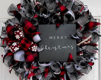 Buffalo Plaid Merry Christmas Wreath, Winter Wreath, Front Door Wreath, Plaid Wreath, Front Door Decor,Christmas Gift Item