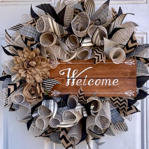 Beautiful Welcome Wreath, Everyday Wreath, Spring Wreath, Front Door Wreath, DecoMesh Wreath, Burlap Wreath, Black Wreath, Farm House Wreath