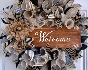 Beautiful Welcome Wreath, Everyday Wreath, Spring Wreath, Front Door Wreath, DecoMesh Wreath, Burlap Wreath, Black Wreath, Farm House Wreath