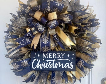 Christmas Wreath, Navy Blue and Gold Christmas Wreath, Front Door Decor,Christmas Gift Item, Navy and Gold, Merry Christmas Wreath