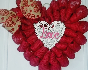 Beautiful Burlap Valentine Heart Wreath,Valentine Wreath,Front Door Wreath, Burlap Home Decor, Valentine Gift Item, Red Heart Burlap Wreath