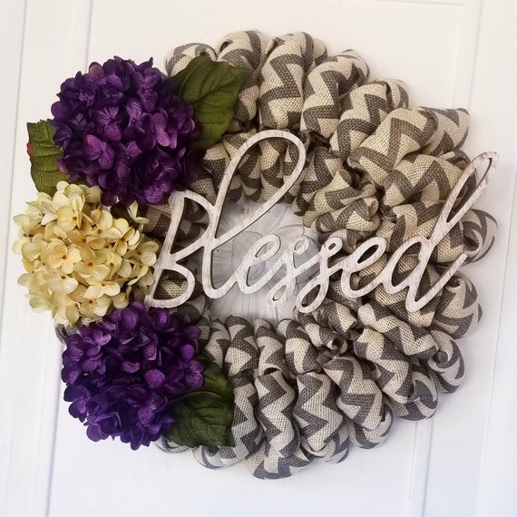 Beautiful Gray Chevron Burlap Wreath Farmhouse Wreath Front Door Wreath Pretty Hydrangeas Wreath Winter Wreath Year Round Wreath