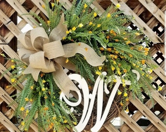 Summer Wreath, Summer Floral & Evergreen Grapevine Wreath. Year Round Wreath. Spring Wreath.Front Door Wreath.Grapevine Wreath. Monogram.