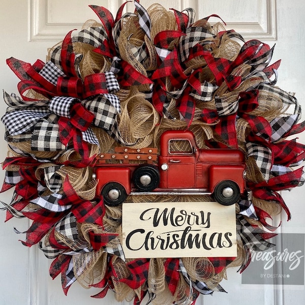 Christmas Wreath, Red Truck Buffalo Plaid Wreath, Front Door Wreath, Plaid Wreath, Front Door Decor,Christmas Gift Item, Buffalo Plaid