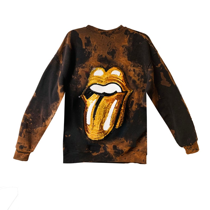 Reverse Bleached Tie Dye Gold Rock N Roll Mouth Pullover Sweatshirt Jumper