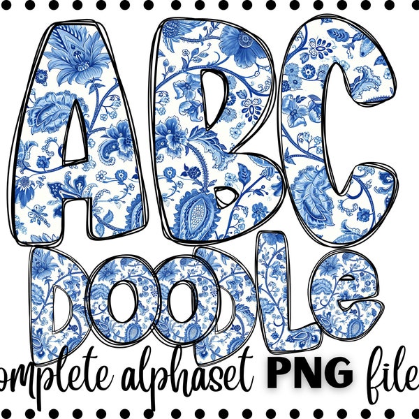 blue chinoiserie doodle letters-  alpha Bundle, sublimation PNG, Patterned Numbers & Alphabet, tshirt, pattern