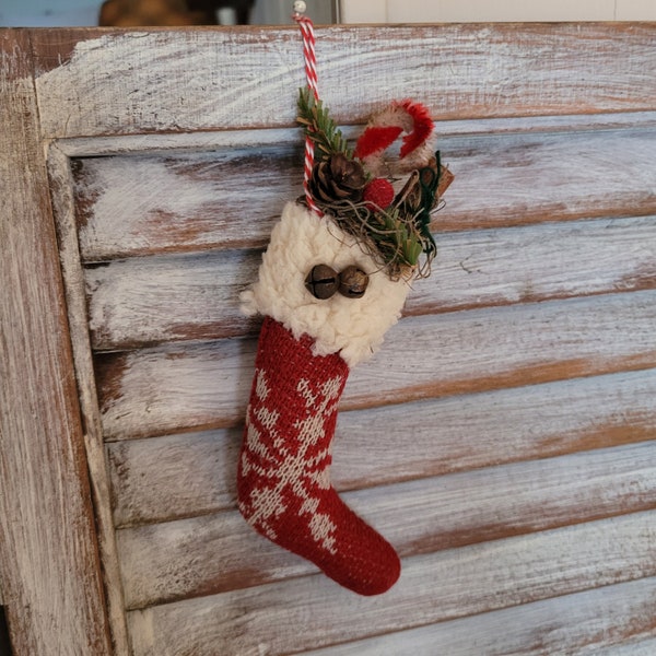 Knit Christmas Stocking Ornament, Chenille Candy Cane & Faux Fur Topped