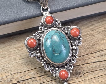 Natural Turquoise Italian Coral Pendant, 925 Sterling Silver Statement Pendant, Handmade Gemstone Jewelry, Boho Southwestern Gift