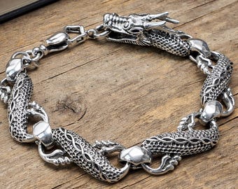 Bracelet dragon en argent sterling 925, bijoux dragon chaîne lourde, bracelet motard gothique, bracelet en argent pour homme fait main