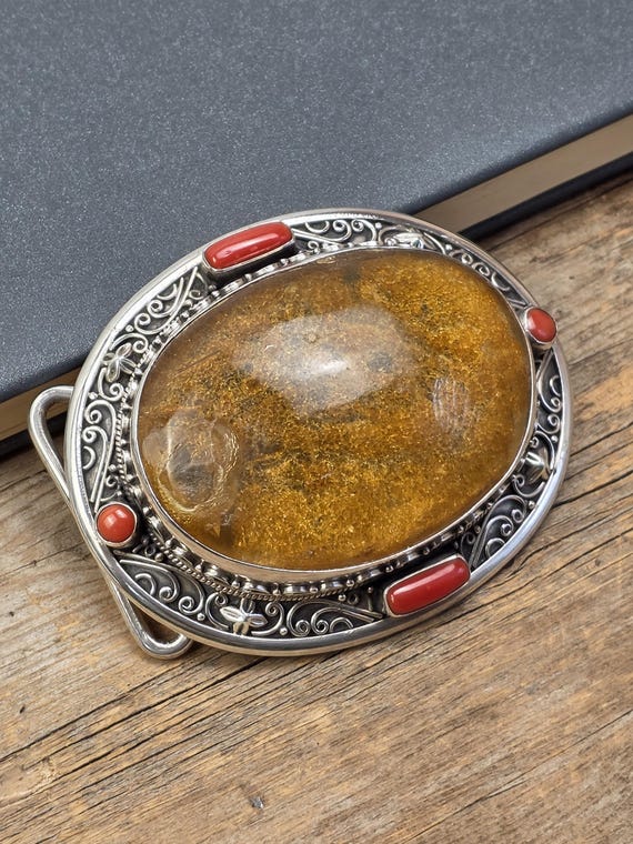Natural Amber & Italian Coral Pendant in 925 Sterling Silver  display picture 1