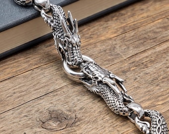 Bracelet double dragon en argent sterling 925, jonc unisexe tête de dragon, bijoux mythiques artisanaux, manchette gothique, cadeau d'anniversaire
