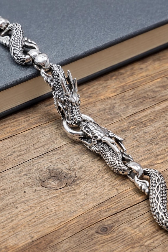 925 Sterling Silver Double Dragon Bracelet, Unisex Dragon Head