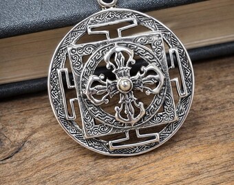 Double Vajra Pendant Necklace –925 Sterling Silver Kalachakra Mandala Charm – Buddhist Protection Symbol Jewelry