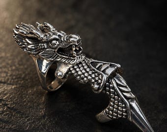 925 Sterling Silver Dragon Claw Armor Ring, Gothic Dragon Ring, Fantasy Dragon Jewelry,Adjustable Talon Medieval Dragon Claw Armor Ring,