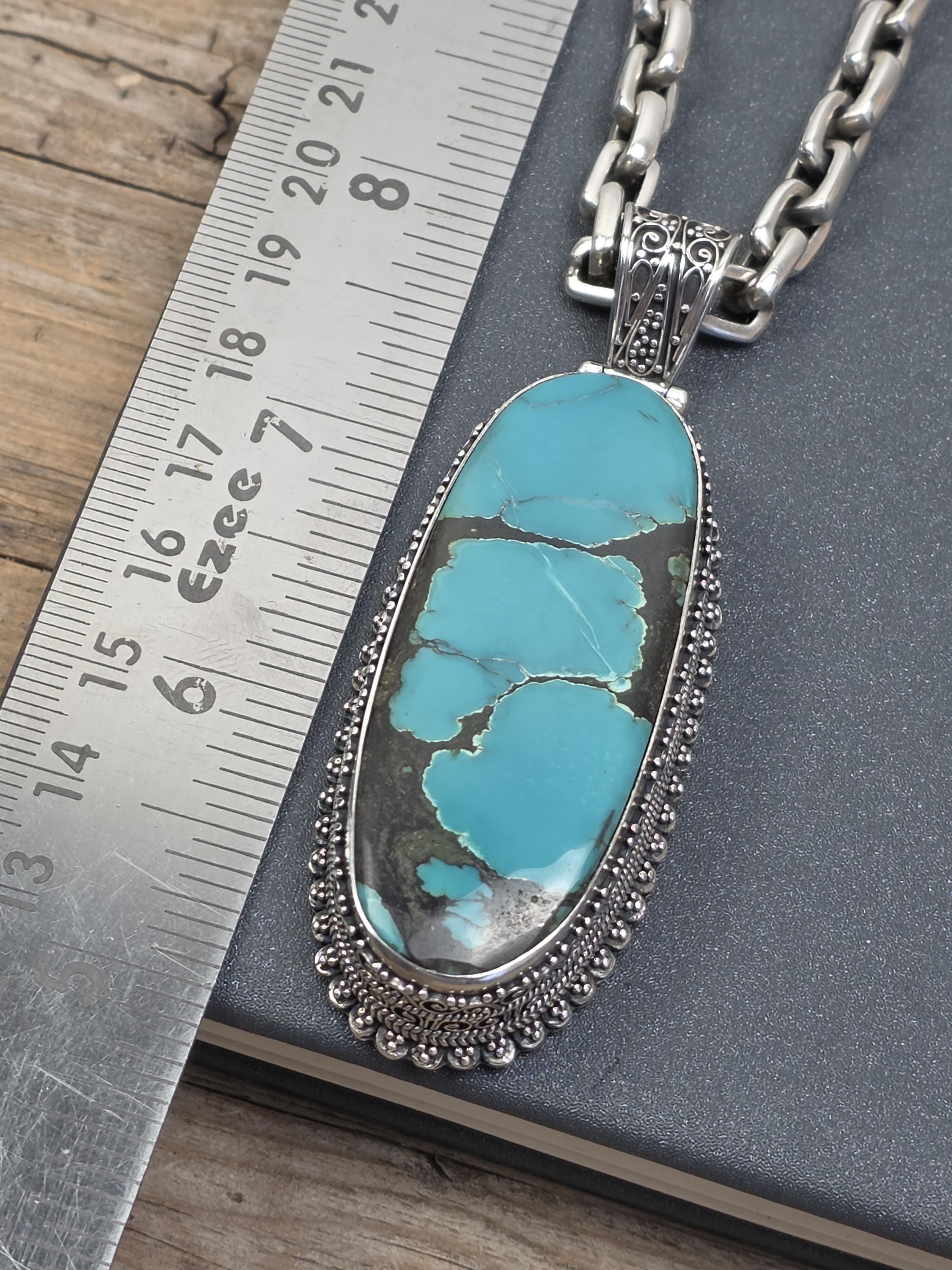 925 Sterling Silver Turquoise Pendant | Large Natural Turquoise