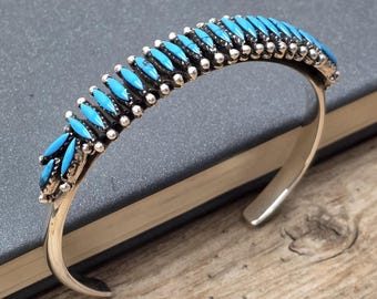 925 Sterling Silver Turquoise Needle Cuff Bracelet | 10mm Natural Turquoise Petit Point Cuff | Southwestern Boho Cuff Bracelet