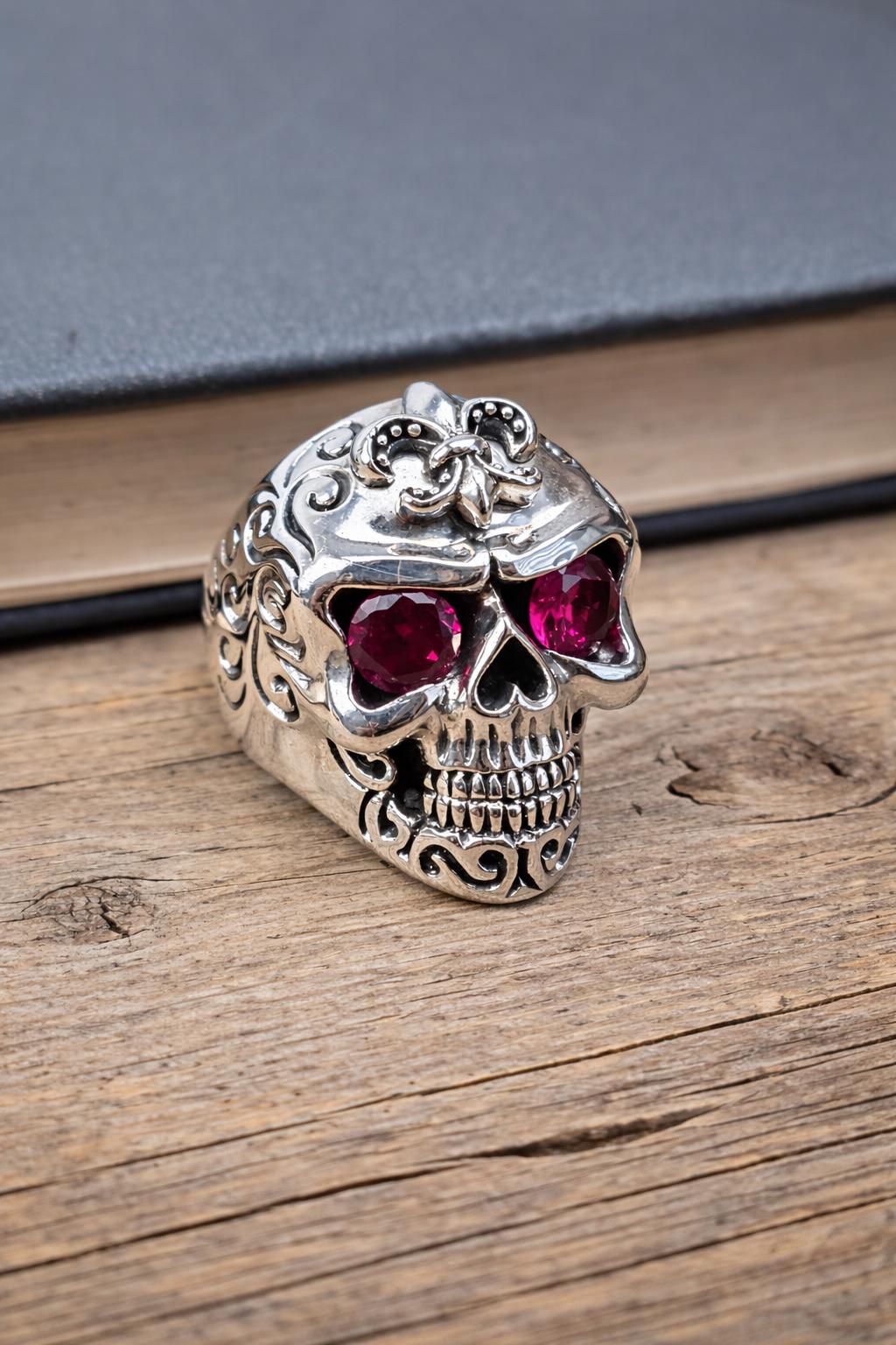 925 Sterling Silver Skull Ring With Ruby Glass Eyes, Fleur De Lis