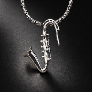Colgante de saxofón de plata de ley, colgante de saxofón 3D macizo y pesado con campana pulida y llaves detalladas, regalo para músicos de jazz, joyería musical 925.