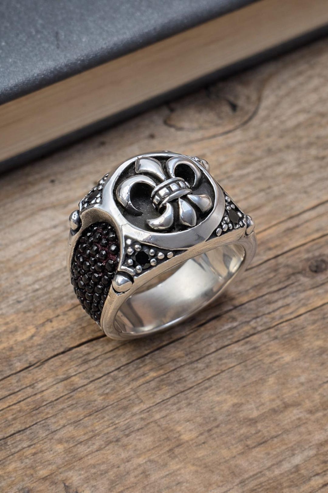 Fleur De Lis Black Spinel Ring, 925 Sterling Silver Ring, Fleur De
