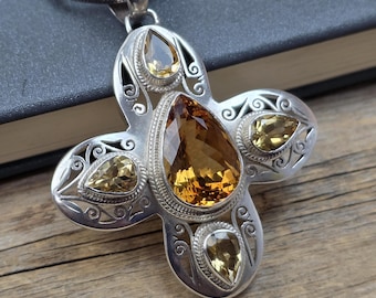 Large Citrine Cross Pendant | Sterling Silver Filigree Design