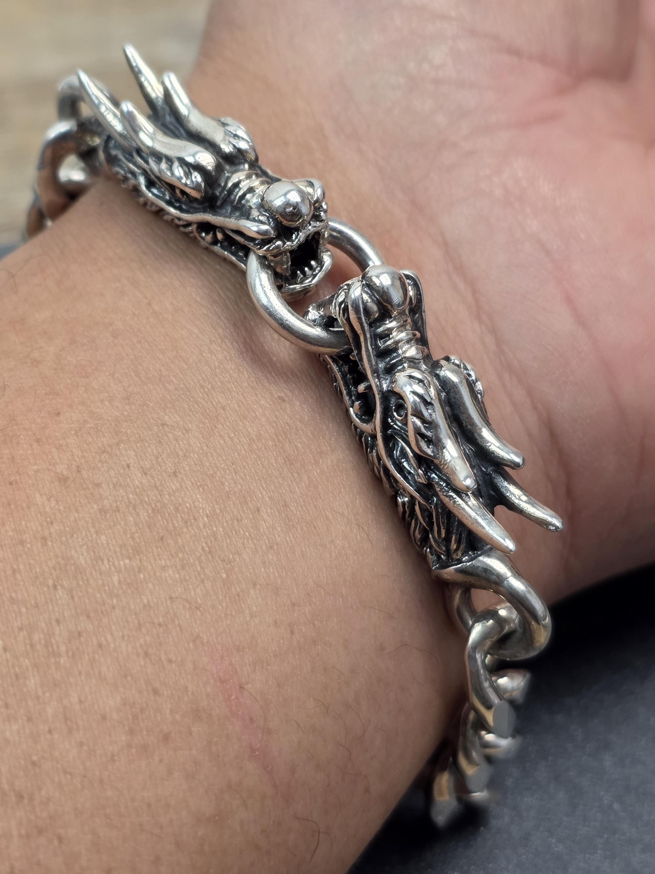 アクセサリー R.ALAGAN Double Link Chain Bracelet 10mm Double Dragon Head Link Chain Bracelet, 925 Sterling Silver