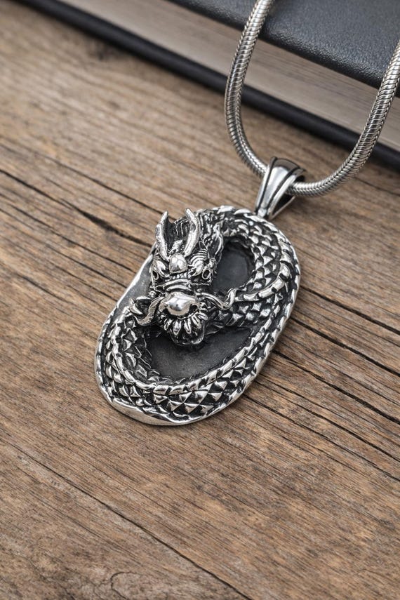 925 Sterling Silver Dragon Necklace, Asian Dragon Pendant, Mens 