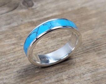 5mm Turquoise Band 925 Sterling silver Ring, Anello turchese, Anello Unisex, Gioielli turchesi , Anello Boho, anello banda