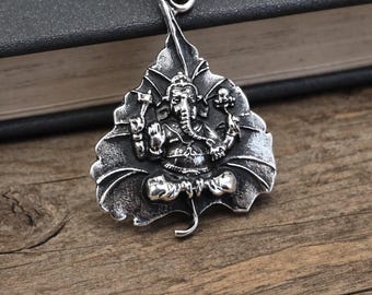 925 Sterling Silver Ganesha Leaf Pendant Necklace – Hindu Ganesh Charm Jewelry – Spiritual Protection Amulet – Elephant God Pendant